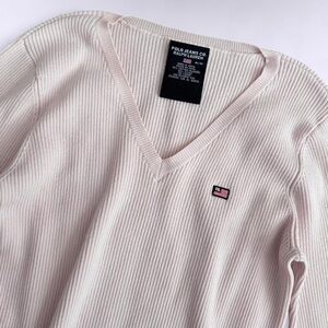 Vintage Polo Jeans Ralph Lauren Pink Ribbed V Neck Sweater Logo Preppy